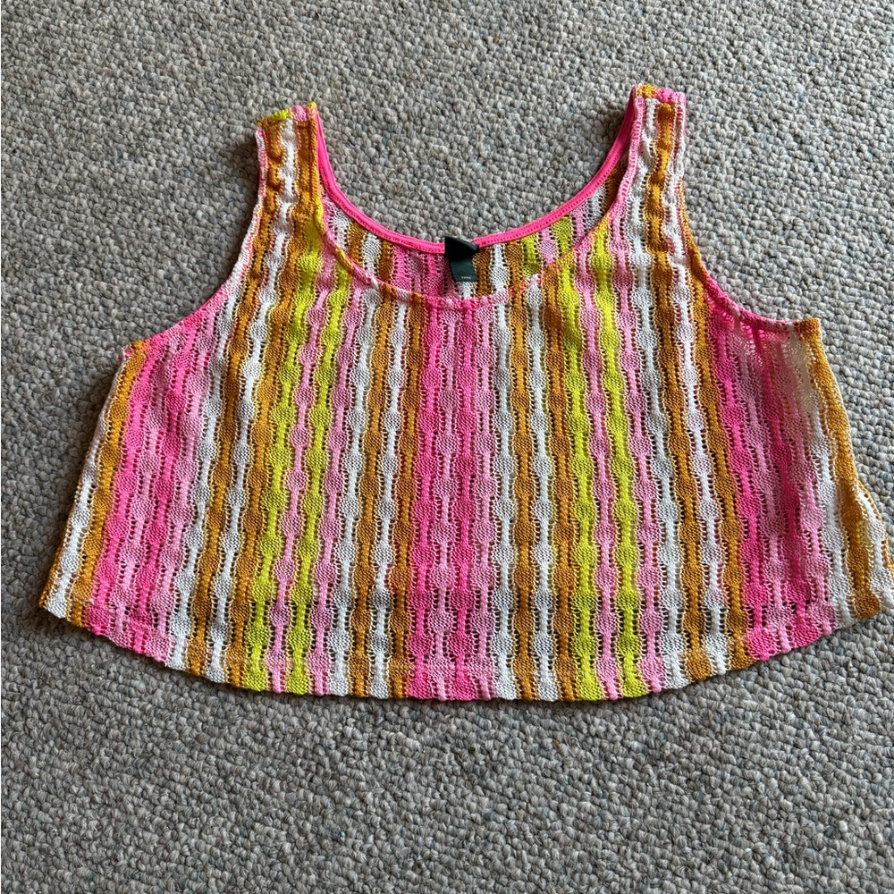 wild fable Neon Pink, Yellow & White Crochet Crop Tank